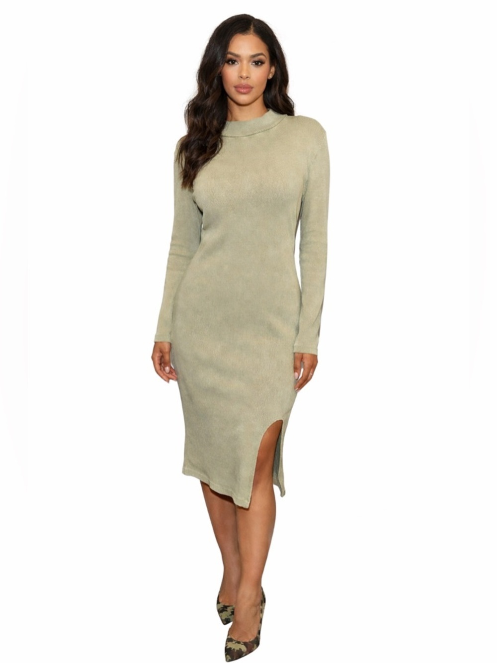 EUC Young Broke & Fabulous SZ S green bodycon stretch ribbed dress/bust 32”-42”